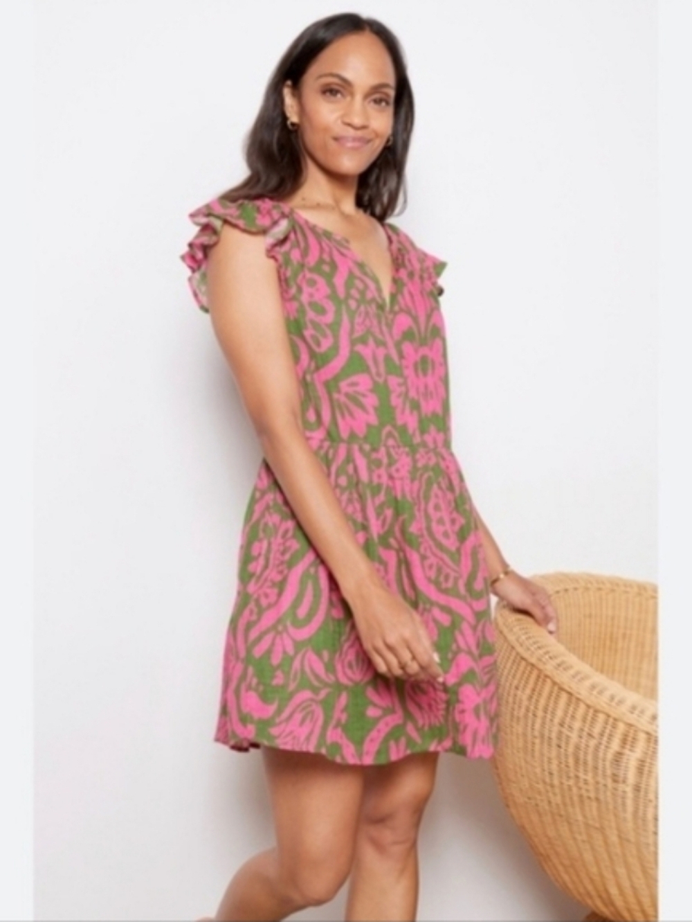 Velvet by Graham and Spencer Floral Pink Green Dress Cotton L